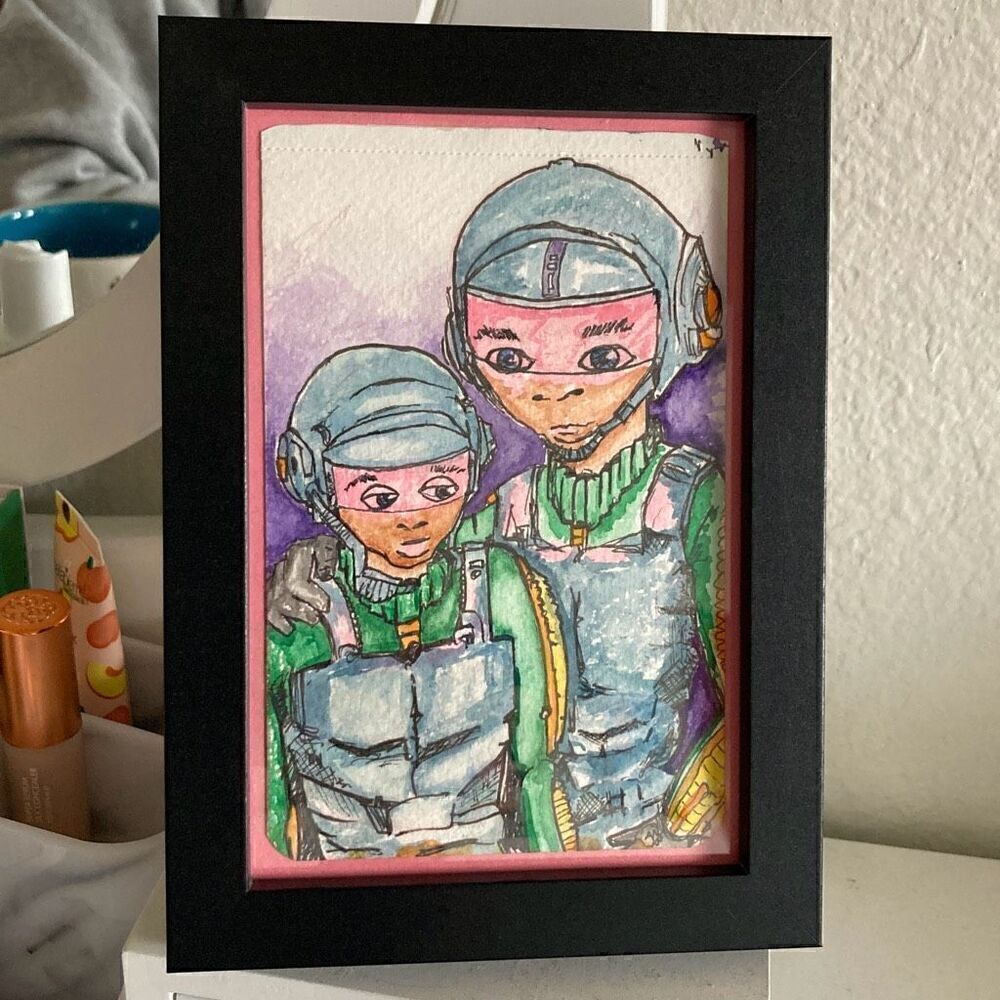 Framed Watercolor and Ink Painting “father and son”